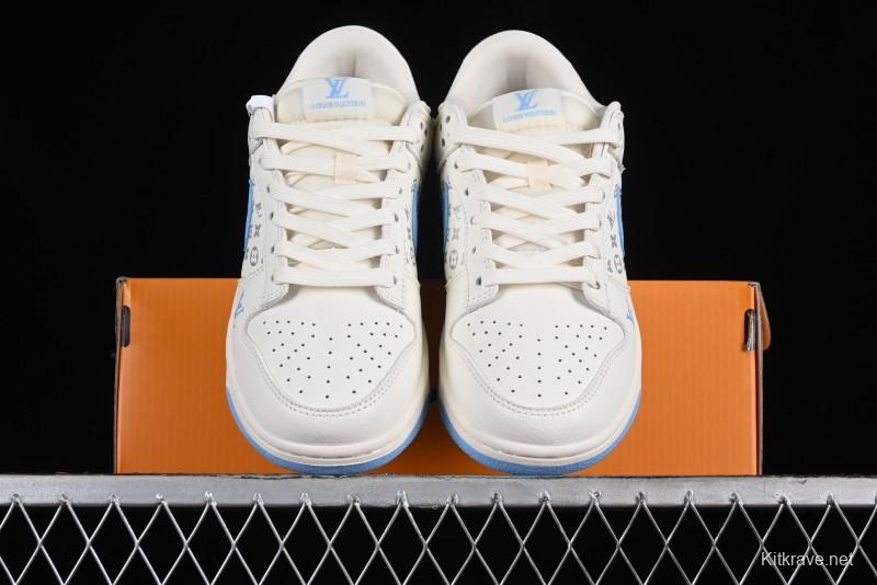 Nike SB Dunk Low LV Collaboration - Beige Blue Double Swoosh Print Anniversary Custom Low-Top Casual Sneakers - CF3688-005