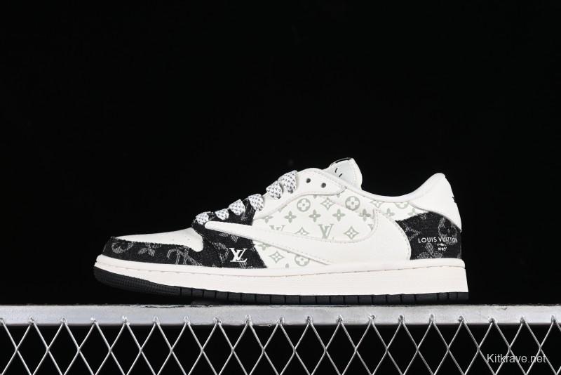 Nike Travis Scott x Fragment Design x Jordan Air Jordan 1 Low OG SP AJ1 LV Black Denim Print Low-Top Casual Sneakers - SJ2068-008