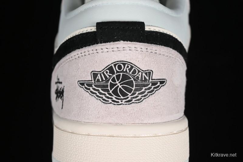 Nike Air Jordan 1 Low Stussy Collaboration - Black Blue Pigment Patchwork Retro Basketball Shoes - LJ6688-008