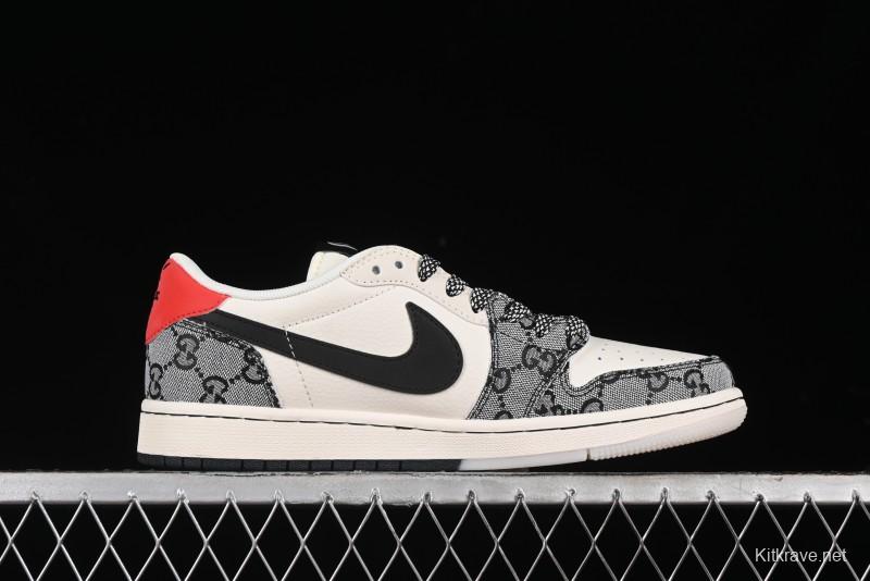 Nike Travis Scott x Fragment Design x Air Jordan 1 Low OG SP AJ1 Gucci Collaboration - Black Grey Pattern Low Top Casual Sneakers - XY2688-117