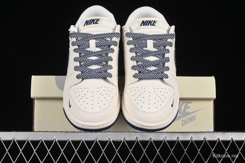 Nike SB Dunk Low Anniversary Premium Custom Low-Top Casual Skate Shoes in Off-White with Navy Blue Swoosh - SJ1089-004