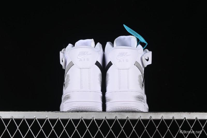Nike Air Force 1 '07 Mid Casual Sneakers in White/Grey/Black with Hand-Painted Cracked Swoosh Shadow Detail - CW2289-111