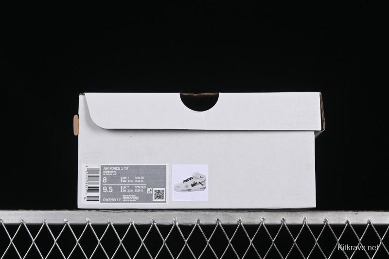 Nike Air Force 1 '07 Mid Casual Sneakers in White/Grey/Black with Hand-Painted Cracked Swoosh Shadow Detail - CW2289-111