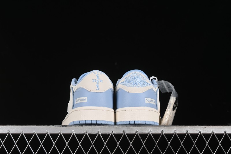Nike Travis Scott x Fragment Design x Air Jordan 1 Low OG SP AJ1 Supreme Collaboration - White Blue Lettering Low Top Casual Sneakers - XY2688-116