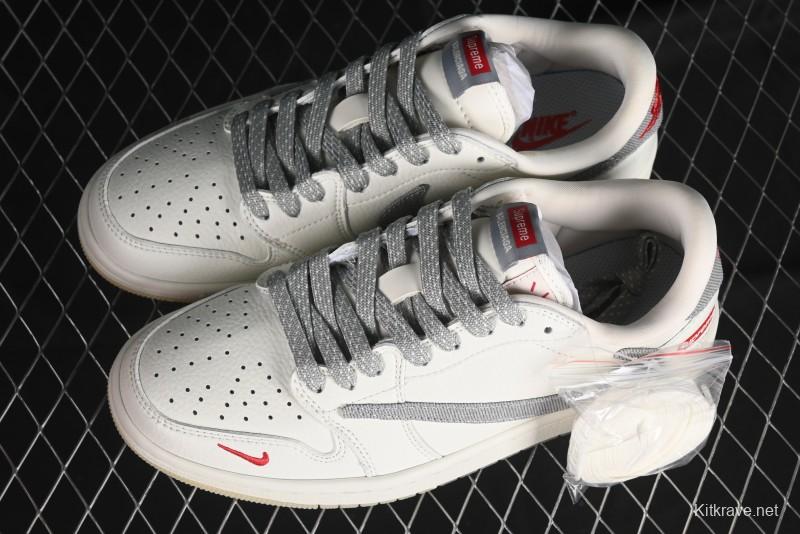 Nike Travis Scott x Fragment Design x Air Jordan 1 Low OG SP AJ1 Supreme Collaboration - Light Grey Denim Two-Tone Low-Top Casual Sneakers - JH6088-705