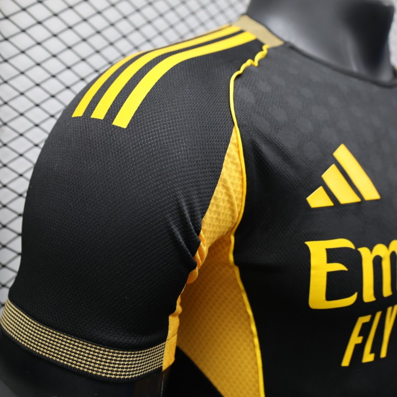 Player Version 25/26 Real Madrid Black with Gold Accents and Emirates Sponsor Jersey