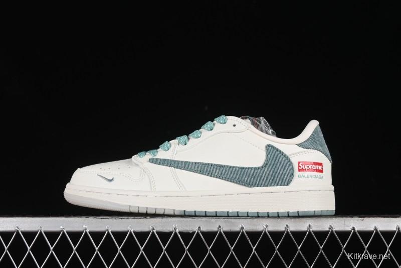 Nike Travis Scott x Fragment Design x Air Jordan 1 Low OG SP AJ1 Supreme Collaboration - Green Canvas Swoosh Low-Top Casual Sneakers - JH6088-706