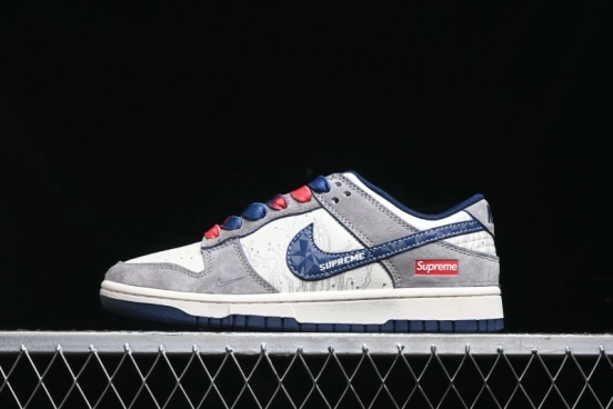 Nike SB Dunk Low Supreme Collaboration - Grey White Dark Blue Swoosh Anniversary High-End Custom Low-Top Casual Skate Shoes - DM6868-005