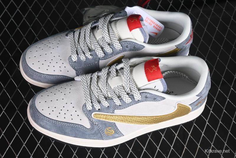 Nike Travis Scott x Fragment Design x Air Jordan 1 Low OG SP AJ1 Snake Year Limited Gold Snake Low-top Casual Sneakers - XZ2025-288