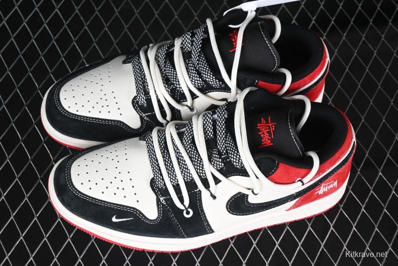 Nike Air Jordan 1 Low Stussy Collaboration - Black Red Custom High-End Retro Basketball Shoes - SJ9950-048