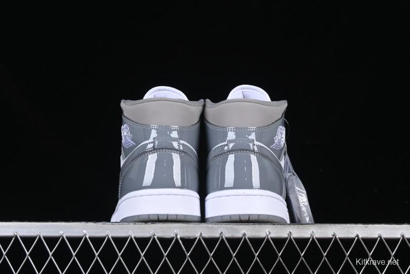 Nike Air Jordan 1 Mid AJ1 High-Top Basketball Shoes in White Grey Patent Leather - HF3216-100