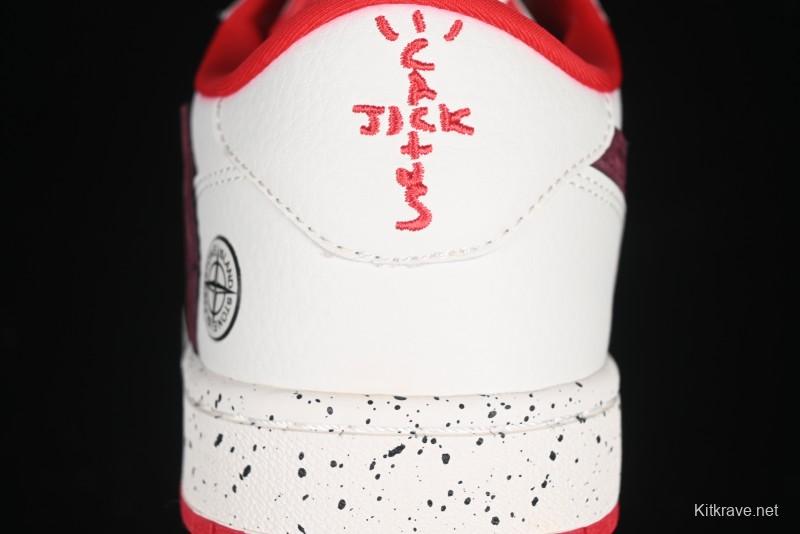 Nike Travis Scott x Fragment Design x Air Jordan 1 Low OG SP AJ1 Stone Island Collaboration Pomegranate Red Low-Top Casual Sneakers - CF3688-077