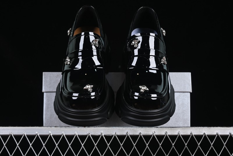 Black Patent Chunky Platform Loafers with Metal Embellishments