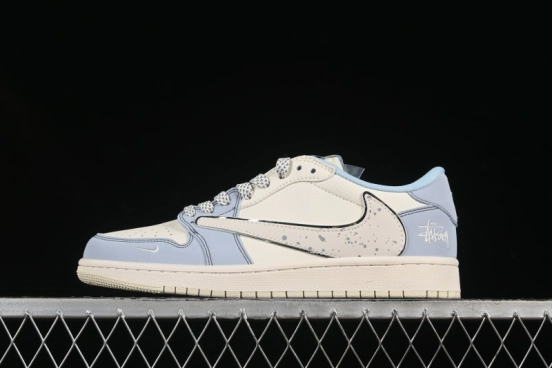 Nike Travis Scott x Fragment Design x Air Jordan 1 Low OG SP AJ1 Retro Sneakers with Blue Splatter Design - ZH2598-249