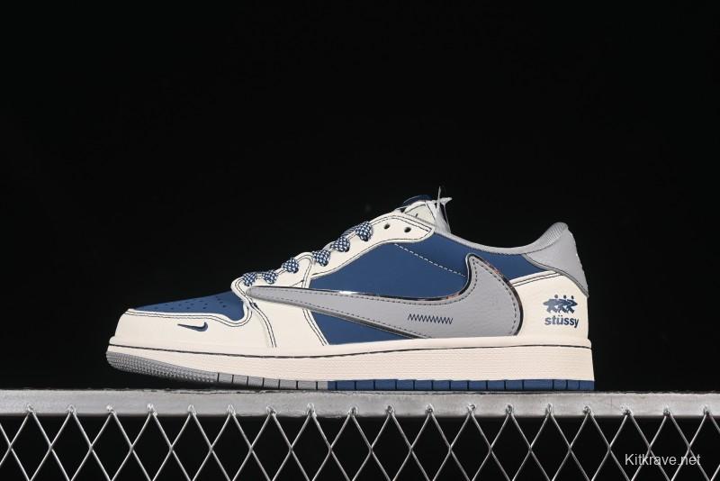 Nike Travis Scott x Fragment Design x Air Jordan 1 Low OG SP AJ1 Stussy Collaboration Dual-Tone Grey Hook Low-Top Casual Sneakers - ZH2598-245