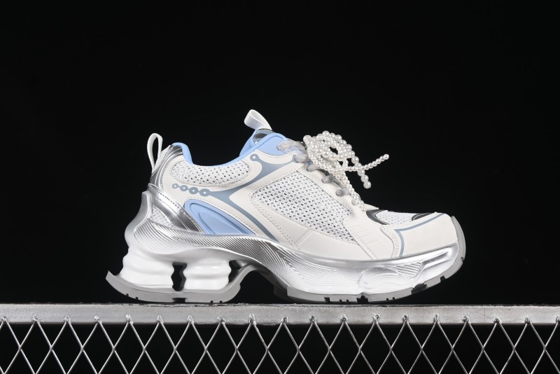 GG-CC Star Same Style Lace-Up Hollow Out Dad Shoes with 5cm Hidden Height Increase - G25X269 White Blue