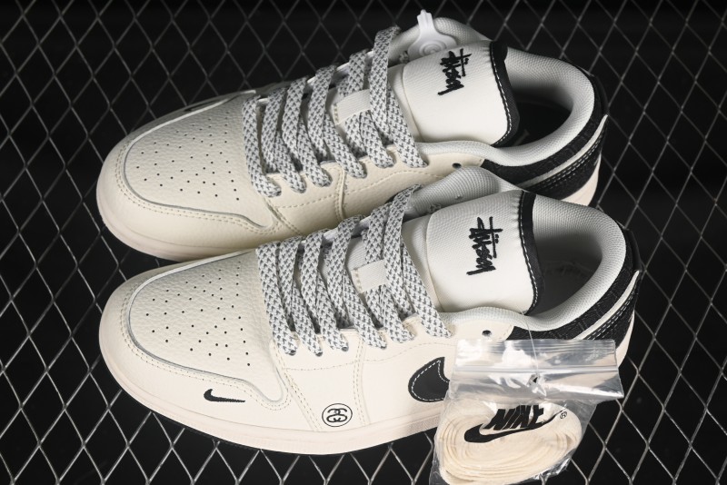 Nike Air Jordan 1 Low AJ1 Stussy Beige Black Canvas Custom High-End Retro Basketball Shoes - XS6086-561