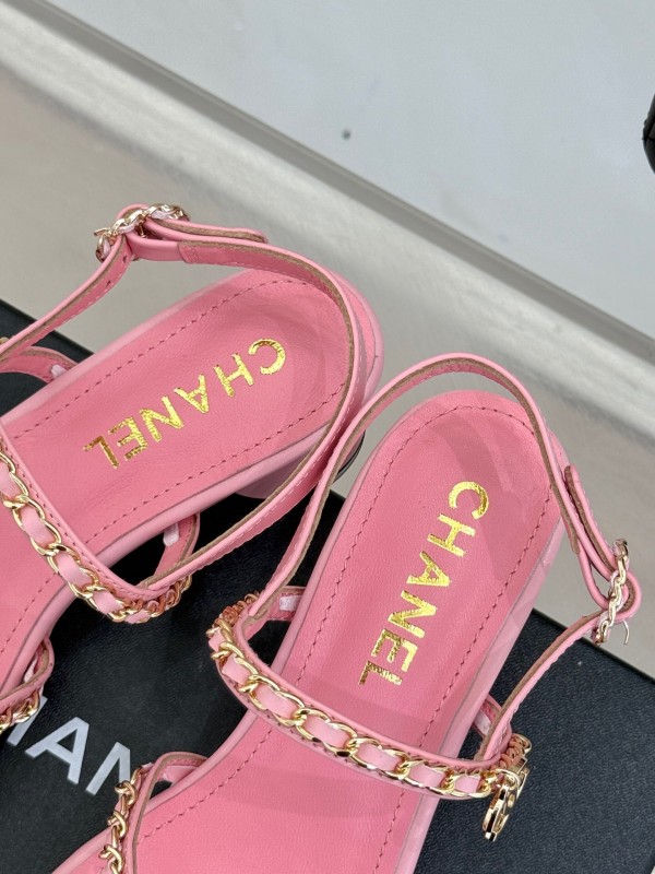 2025 Women Chanel Pink Leather Chain Strap Sandals
