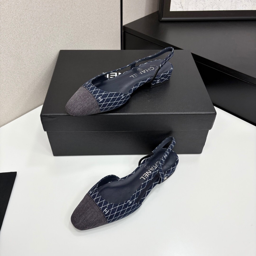 2025 Women Chanel Navy Blue Grey Fabric Leather Slingback LY00000