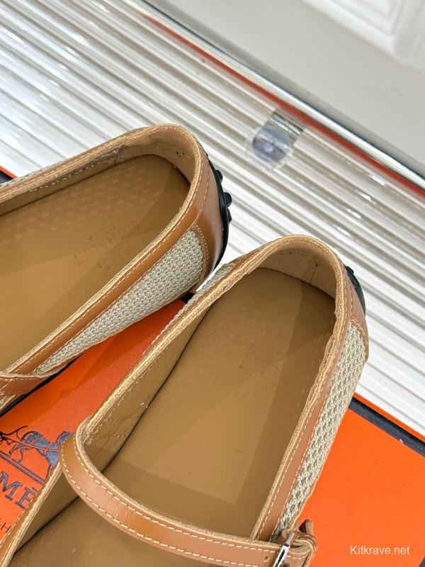 2025 Women Hermès Beige Mesh Leather Mary Jane