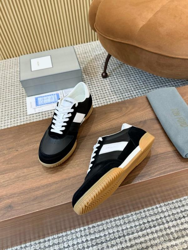2025 Unisex TOM FORD Black White Leather Suede Sneakers Classic Contrasting LY00360