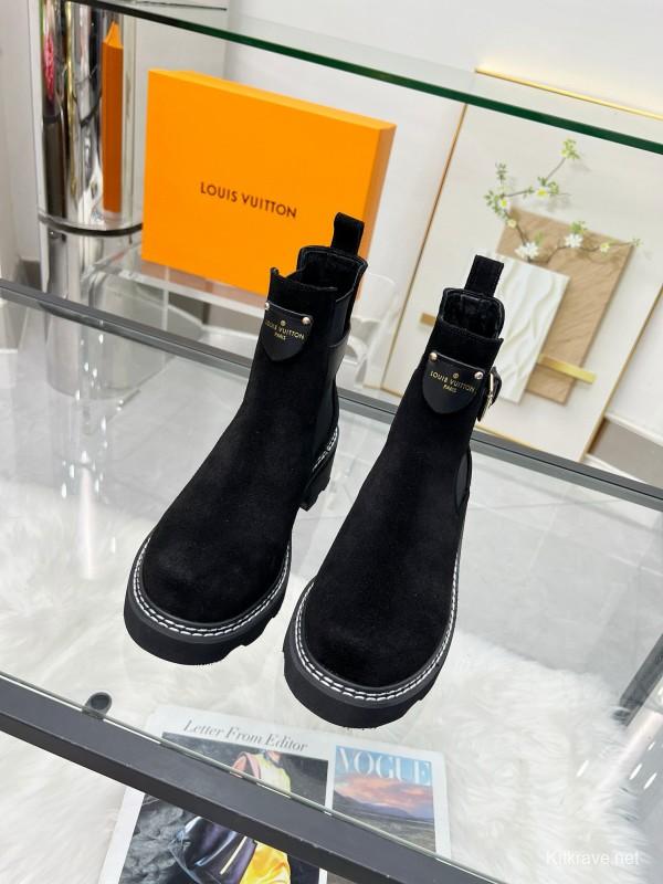 2024 Women Louis Vuitton Black Suede Leather Ankle Boots MJ00310