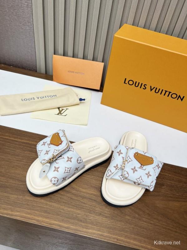 2025 Women Louis Vuitton White Brown Canvas Slippers KFY00230