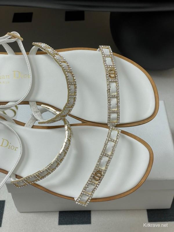 2025 Women Dior White Leather Flat Sandals Crystal Embellishment