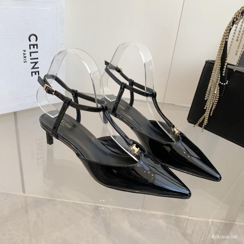 2025 Women Celine Black Patent Leather Slingback TRIOMPHE KFY00300