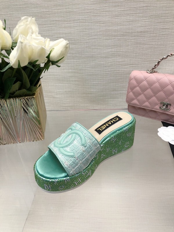 2025 Women Chanel Green Turquoise Tweed Platform Slippers LY00320