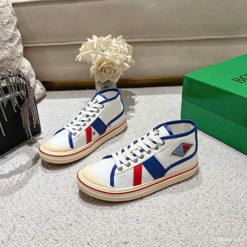 2025 Unisex Bottega Veneta White Blue Red Canvas Lambskin Sneakers Hand Painted LY00