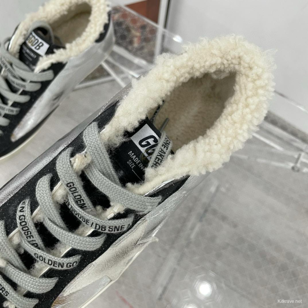 2025 Women GGDB Silver Black Leather Shearling Sneakers