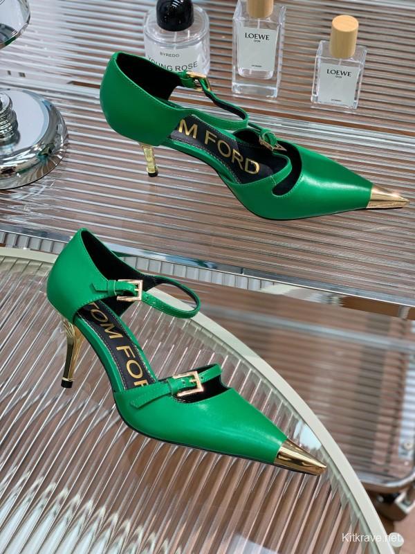 2025 Women TOM FORD Green Gold Leather Pointed Toe Mary Jane KFY00320