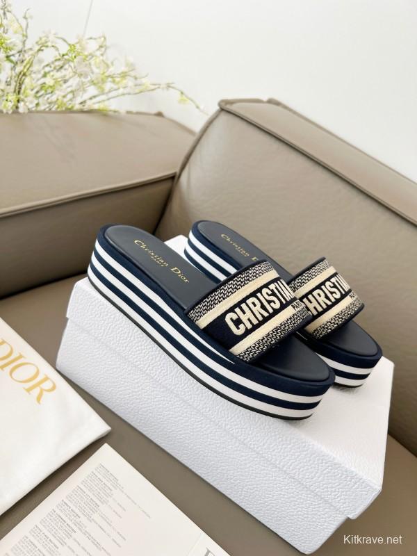 2025 Women Dior Navy White Canvas Platform Slippers LY