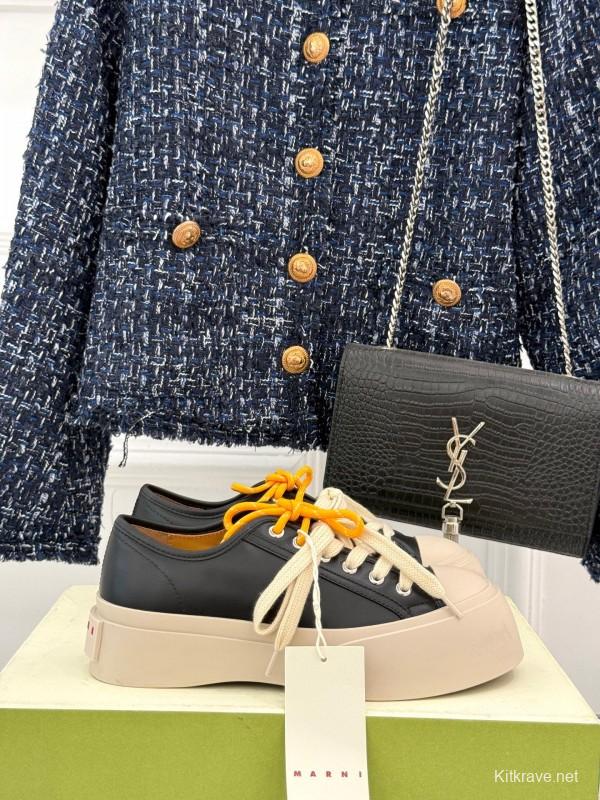 2025 Women Marni Black Leather Platform Sneakers With Contrast Laces LY00360(F)