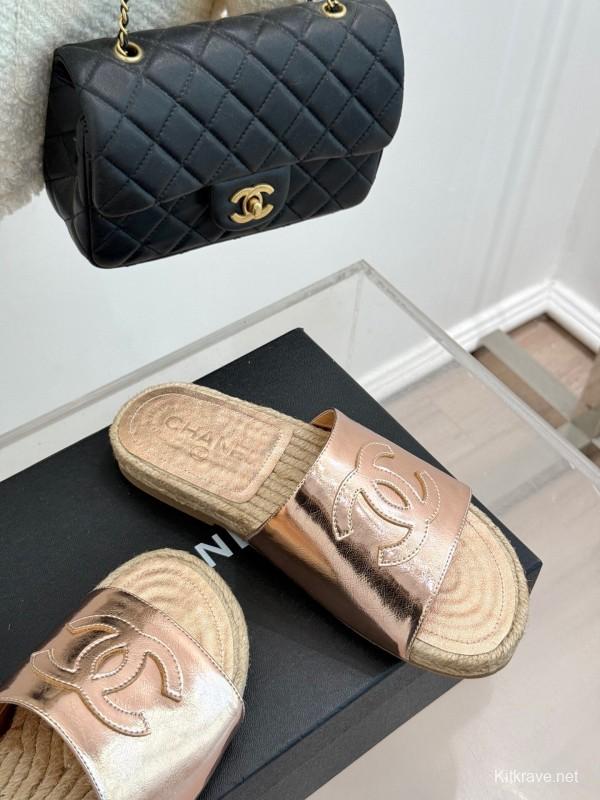 2025 Slippers Chanel Rose Gold Leather Women Espadrille Handmade KFY00230