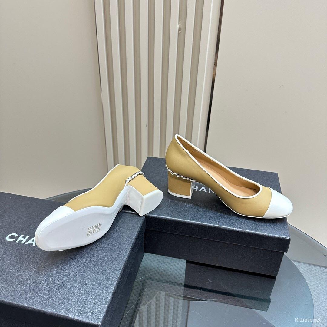 2025 Women Chanel Beige White Leather Pumps Chain Detail