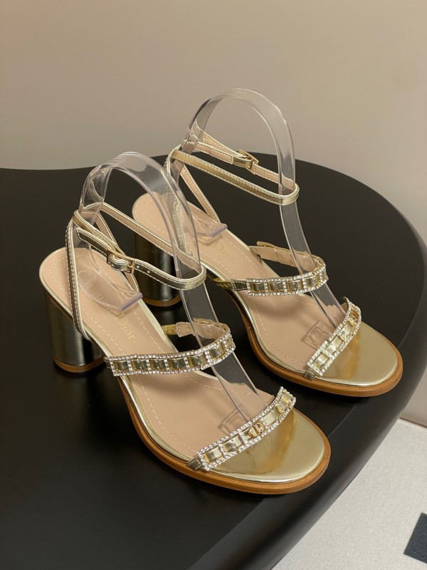 2025 Women Dior Gold Leather Crystal Block Heel Sandals
