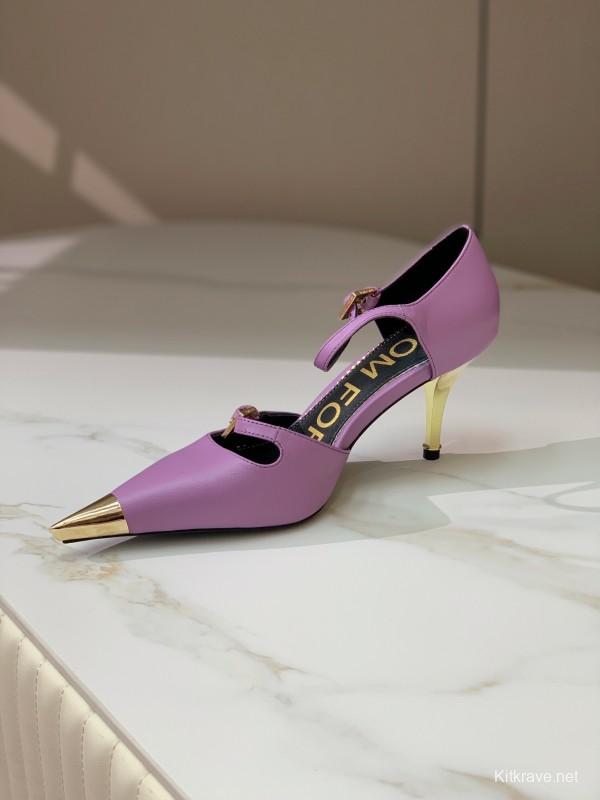 2025 Women TOM FORD Purple Gold Leather Pointed Toe Heels KFY00320