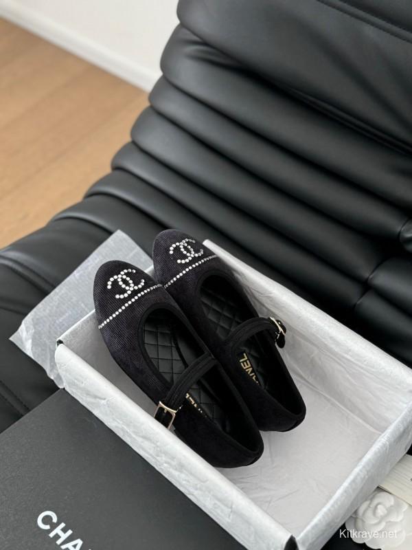 2025 Women Chanel Black Velvet Mary Jane Embroidered LY00280