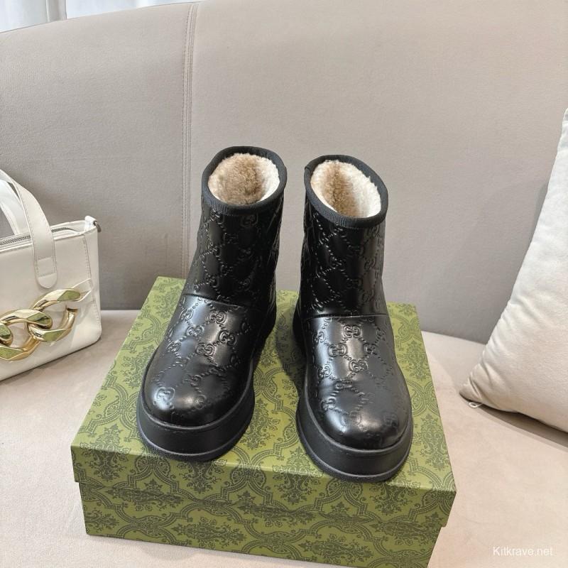 2024 Women Gucci Black Leather Suede Shearling Snow Boots MJ00350