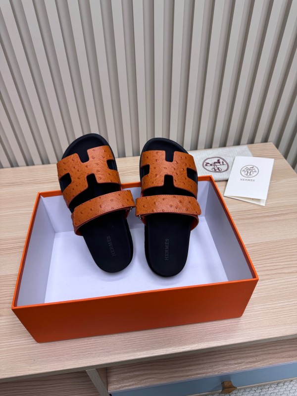 2025 Women Hermès Brown Black Leather Slippers
