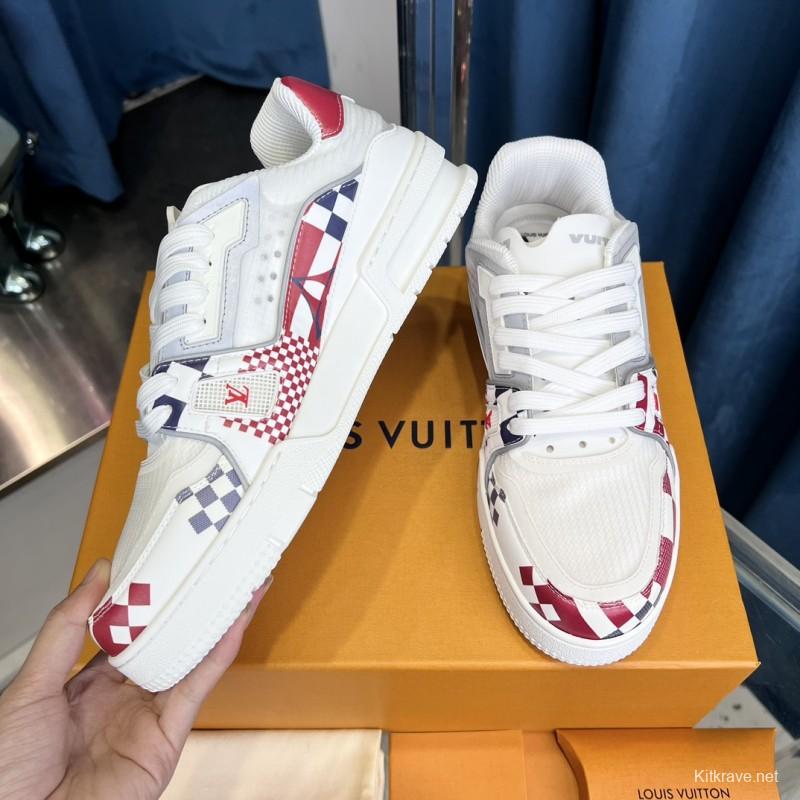 2025 Unisex Louis Vuitton White Red Blue Leather LV Trainer