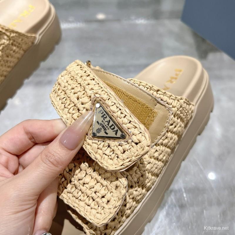 2025 Women Prada Beige Woven Leather Slippers LY