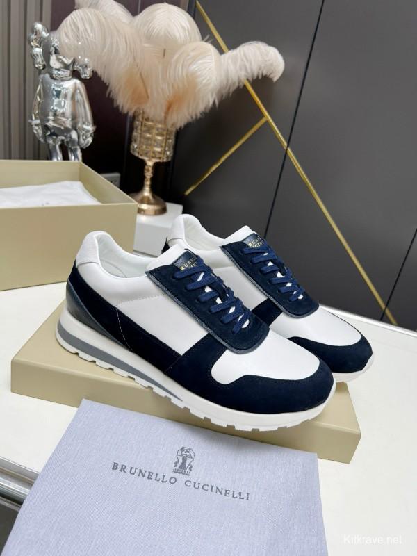 2024 Unisex Brunello Cucinelli White Navy Suede Leather Sneakers