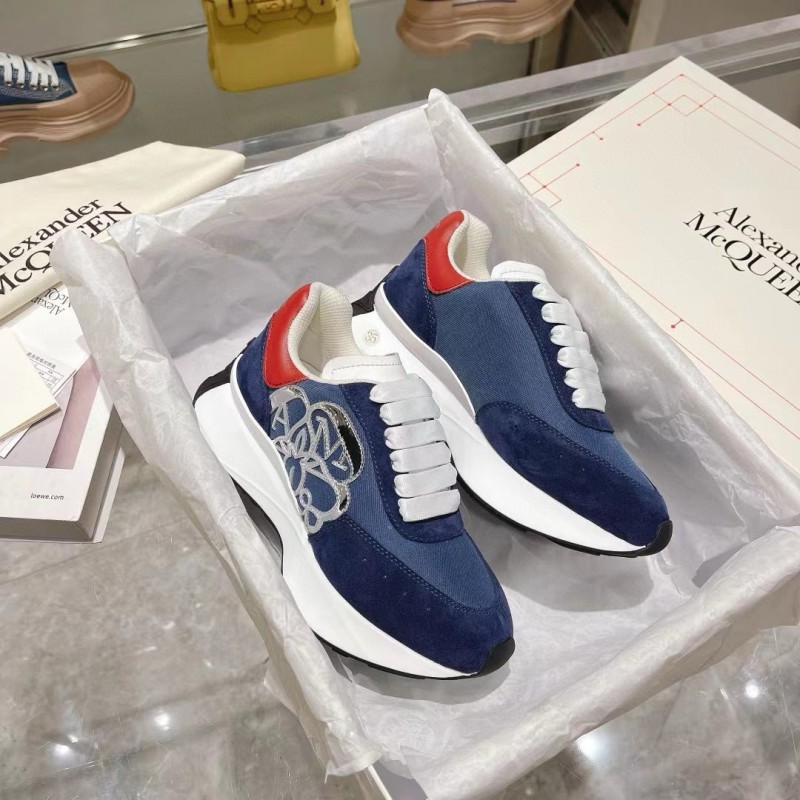 2024 Unisex Alexander McQueen Blue Red Leather Suede Mesh Sneakers MJ00370