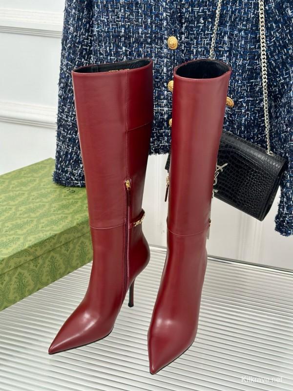 2024 Women Gucci red leather high heel knee boots