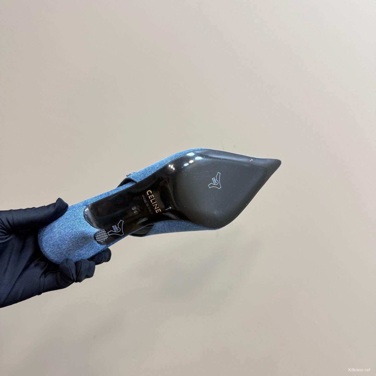 2025 Women CELINE Blue Denim Leather Pointed Toe Slingback Heels KFY00290