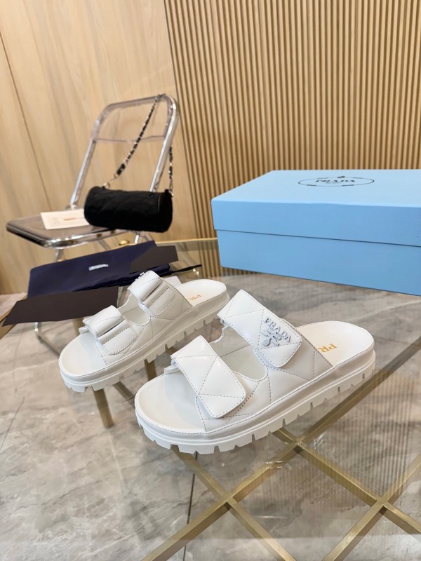 2025 Women Prada White Leather Slippers LY00270