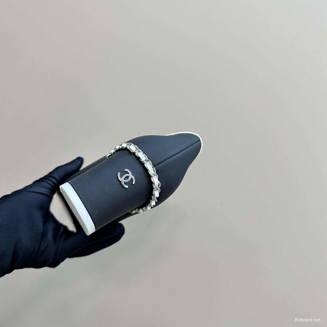 2025 Women Chanel Black White Leather Mary Jane Chain Heel KFY00290